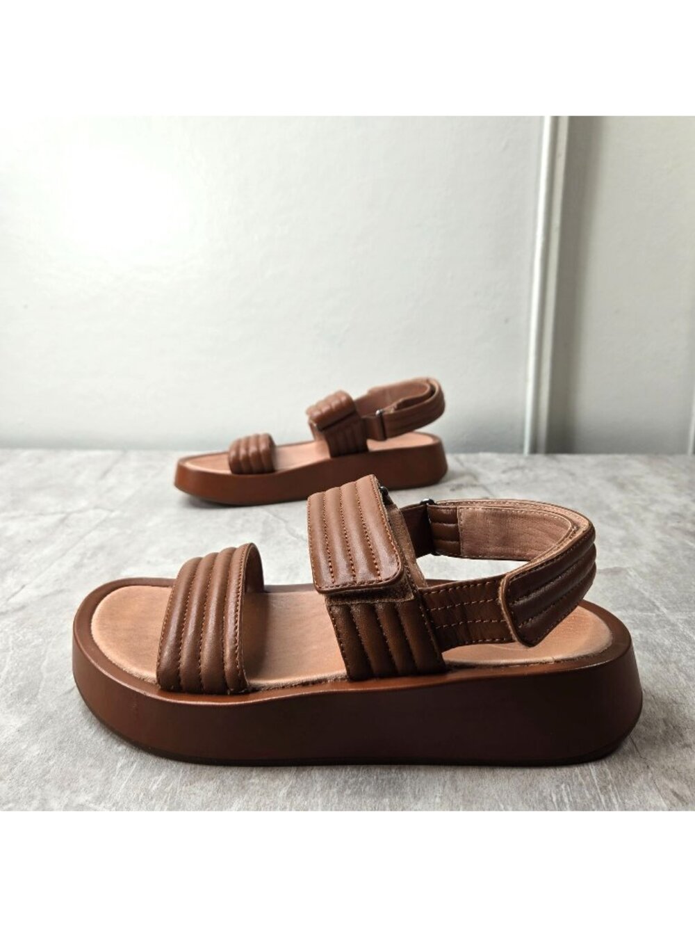 Madewell Platform Sandals 6 Brown Quilted Leather Minimalist Bohemian Fisherman - Picture 2 of 12